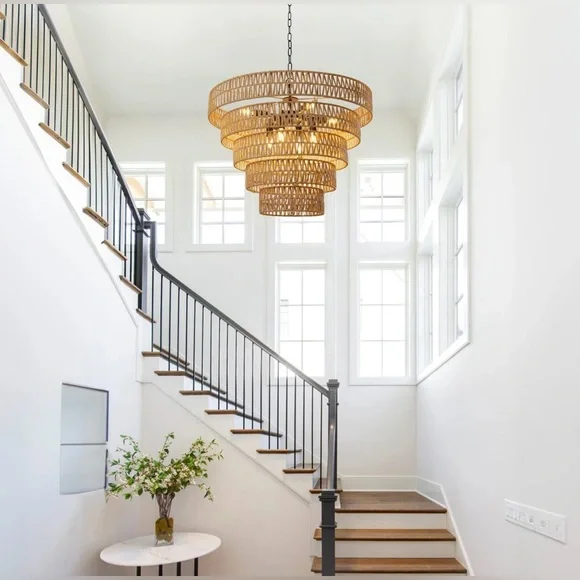 8-Light Dimmable Hand-Woven Rattan Tiered Chandelier - Picture 9 of 10